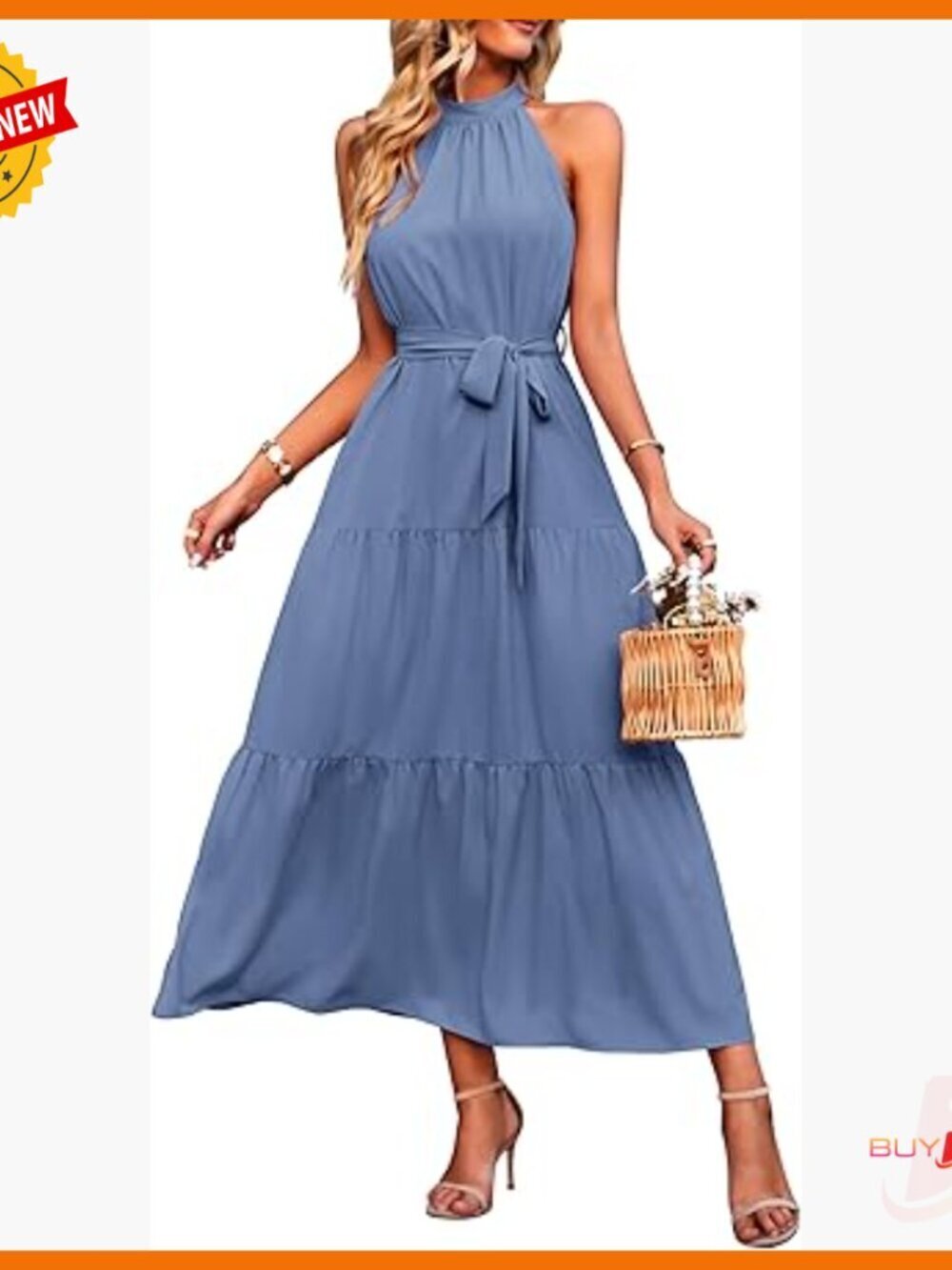 Summer Maxi Dress Sleeveless Halter Flowy Ruffle Hem with Belt Boho - Picture 1 of 7